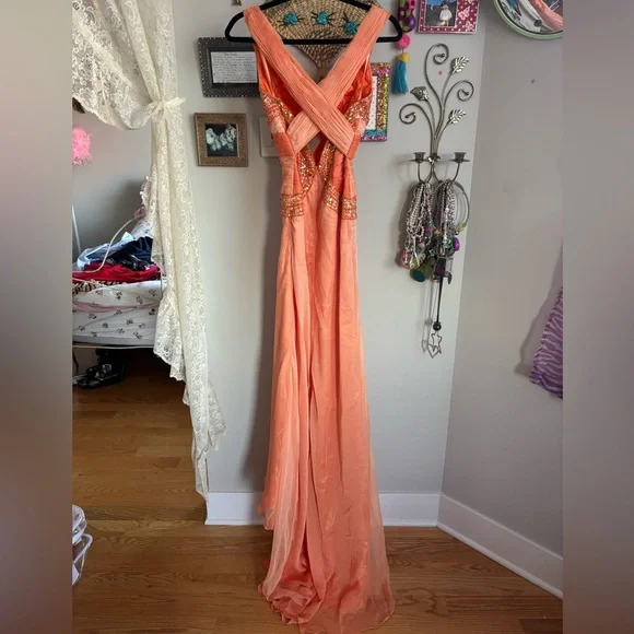 Bicici Coral Orange Beaded Evening Formal Gown - Picture 2 of 12
